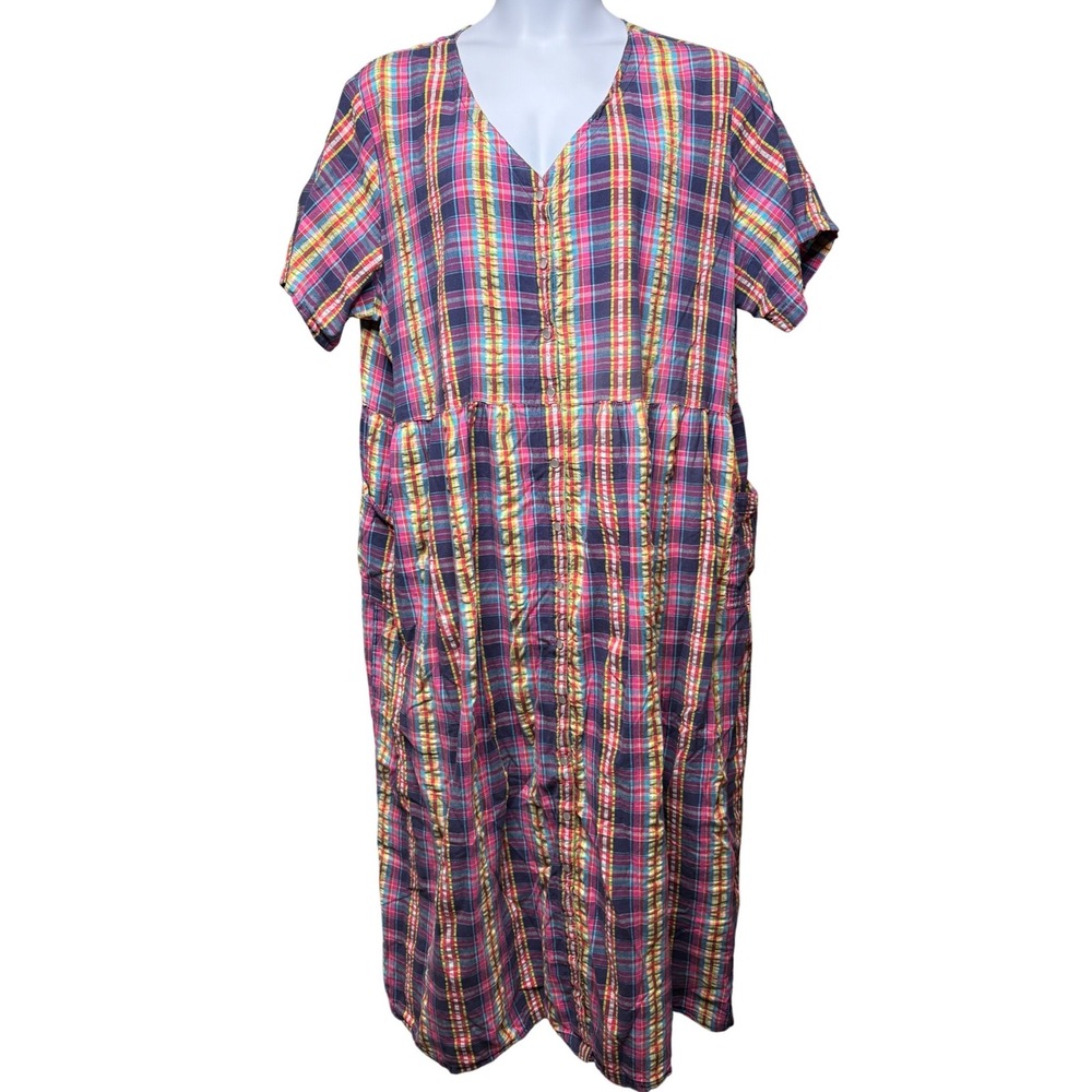 ONLY NECESSITIES Womens Navy Plaid Button Front Oversized Maxi Dress 3X Prairie